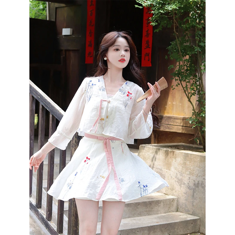 瑶西【织花槿】白色裙子2025新款短裙汉服新中式夏季吊带短裙套装