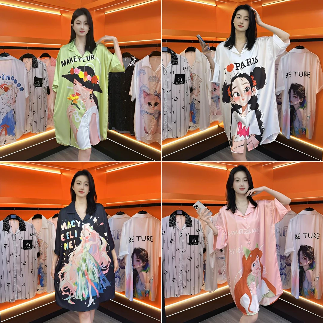 新款夏季睡衣女薄款冰雪丝中长款衬衫裙宽松印花睡衣可外穿家居服