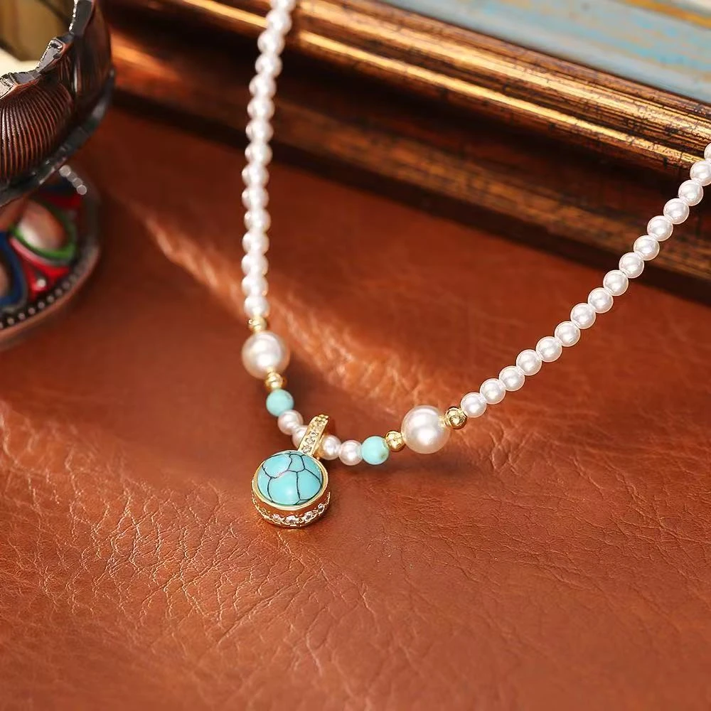 铜合金项链 中国风蓝色石头珠珠项链女秋冬新款高级感时尚饰品