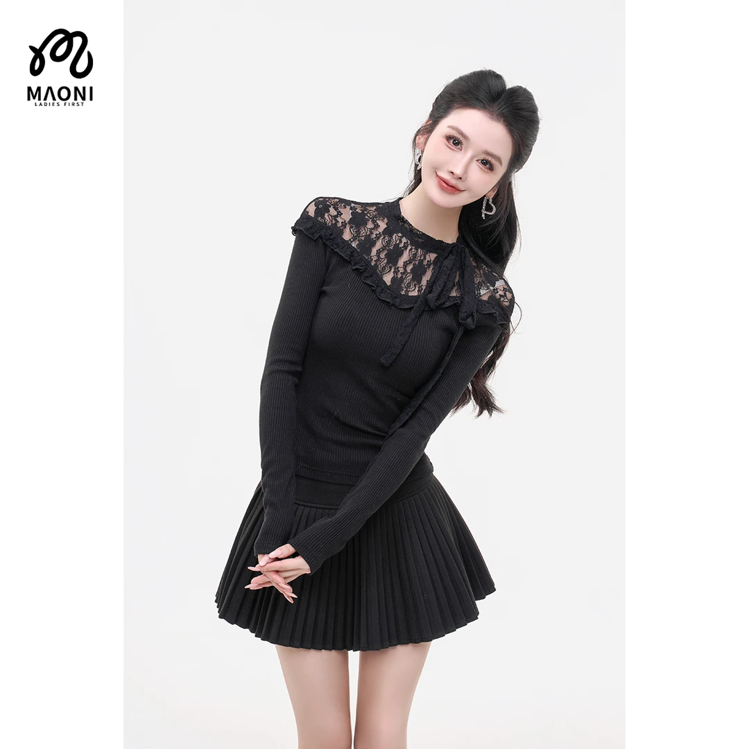 毛妮LADIEST秋冬新款蕾丝镂空拼接领部飘带修身针织衫女L2534