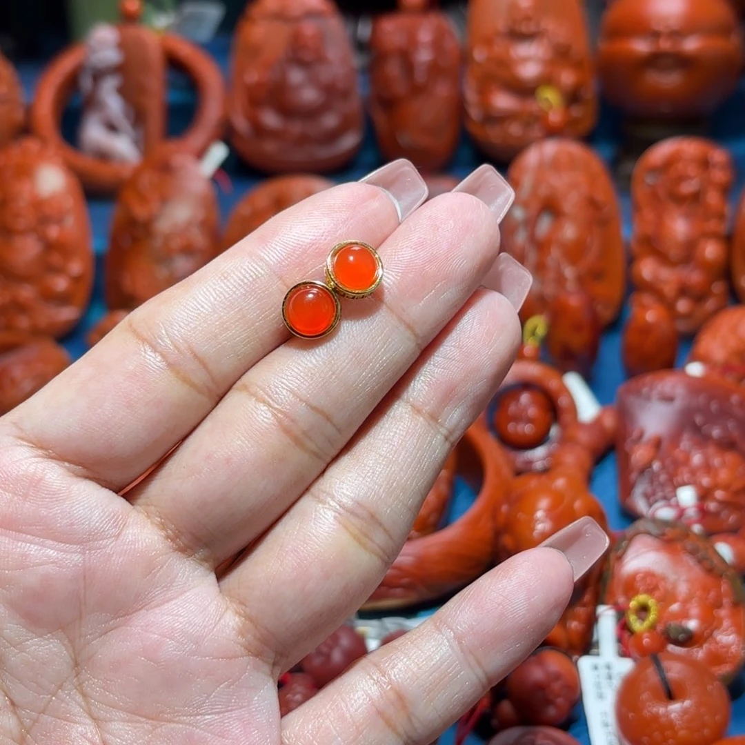 南红玛瑙耳钉银S925镀金镶嵌