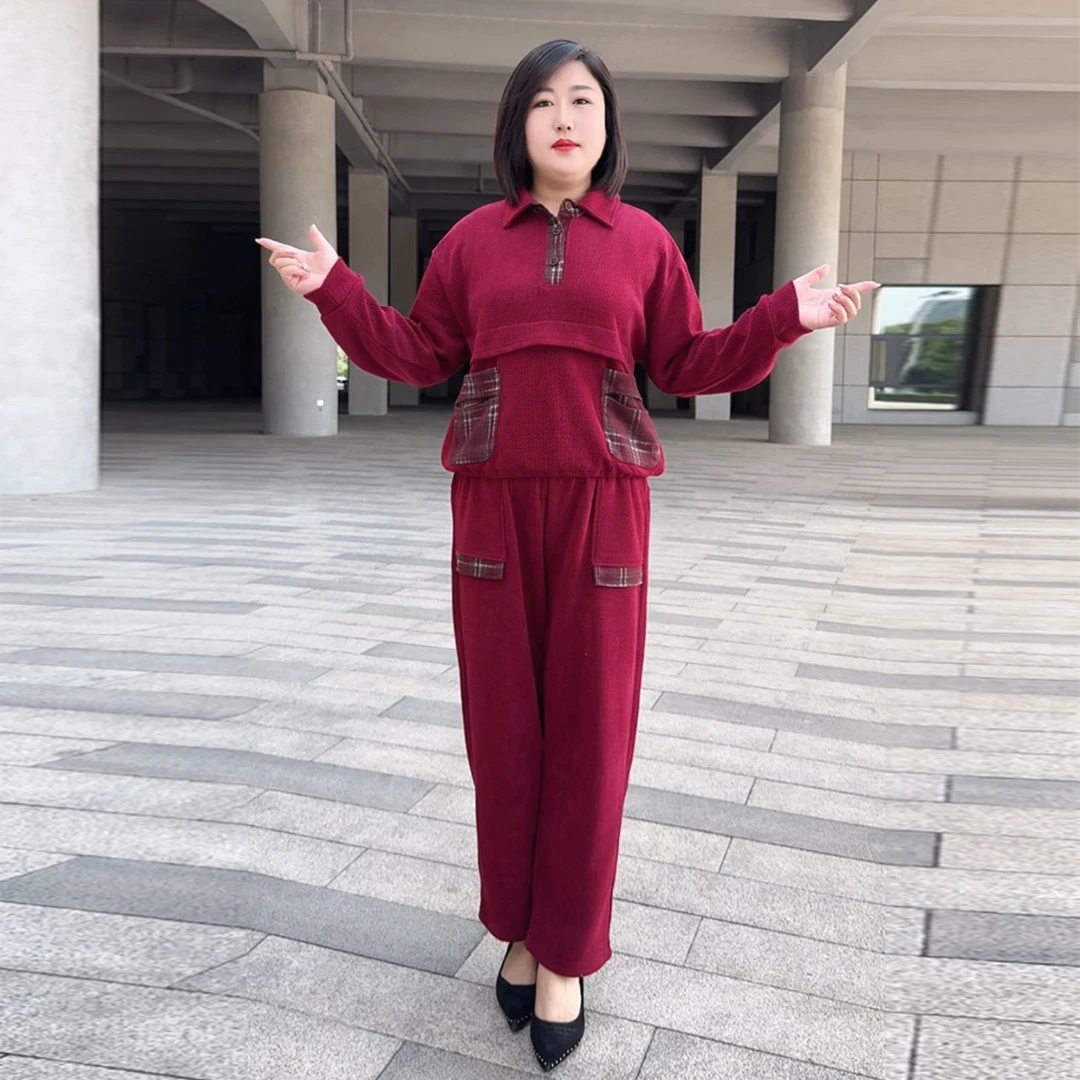 春秋季时尚洋气欧棉绒衬衫领大码套装宽松显瘦休闲减龄气质百搭