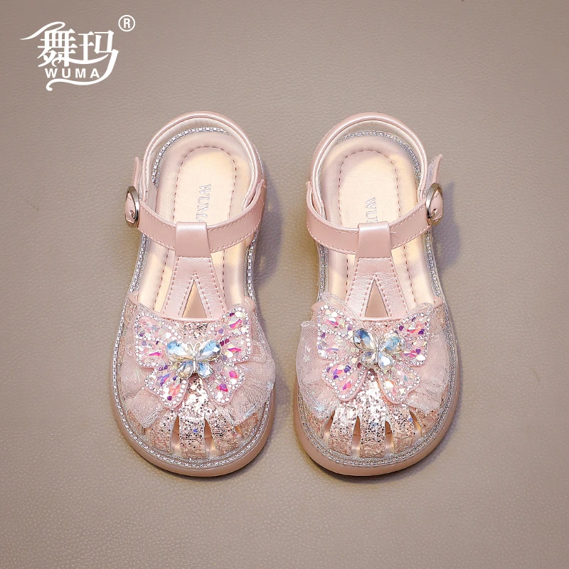 舞玛儿童凉鞋2025新款夏季小女孩软底水晶蝴蝶包头公主鞋528251