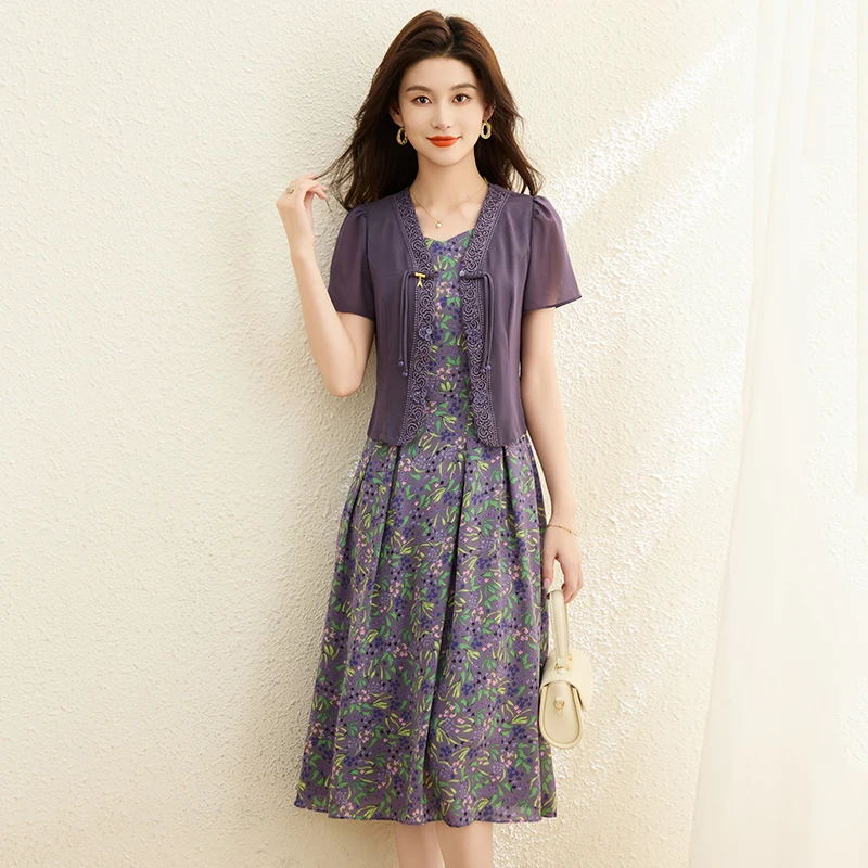 紫色碎花连衣裙女夏2025新款中式国风十三行高端品牌两件套装裙子