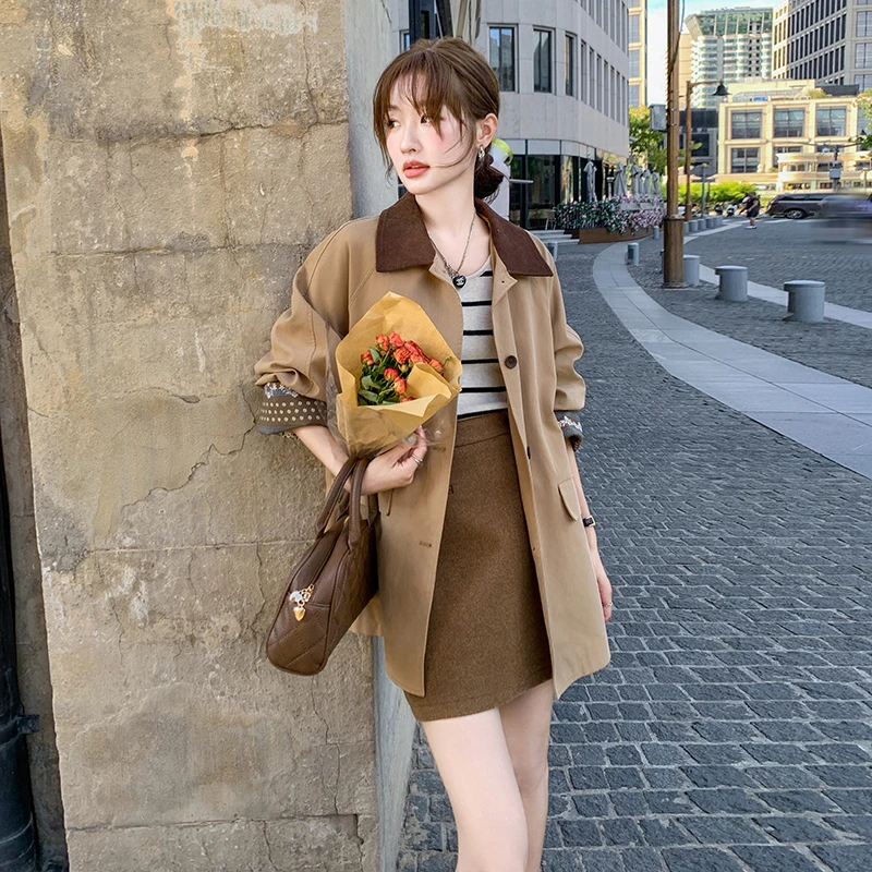 卡其色小个子超好看风衣女2025春新款韩系休闲设计感拼接翻领外套