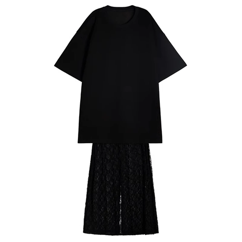 FRVXO蕾丝拼接圆领连衣裙女夏短袖假两件裙子设计感宽松长裙套装