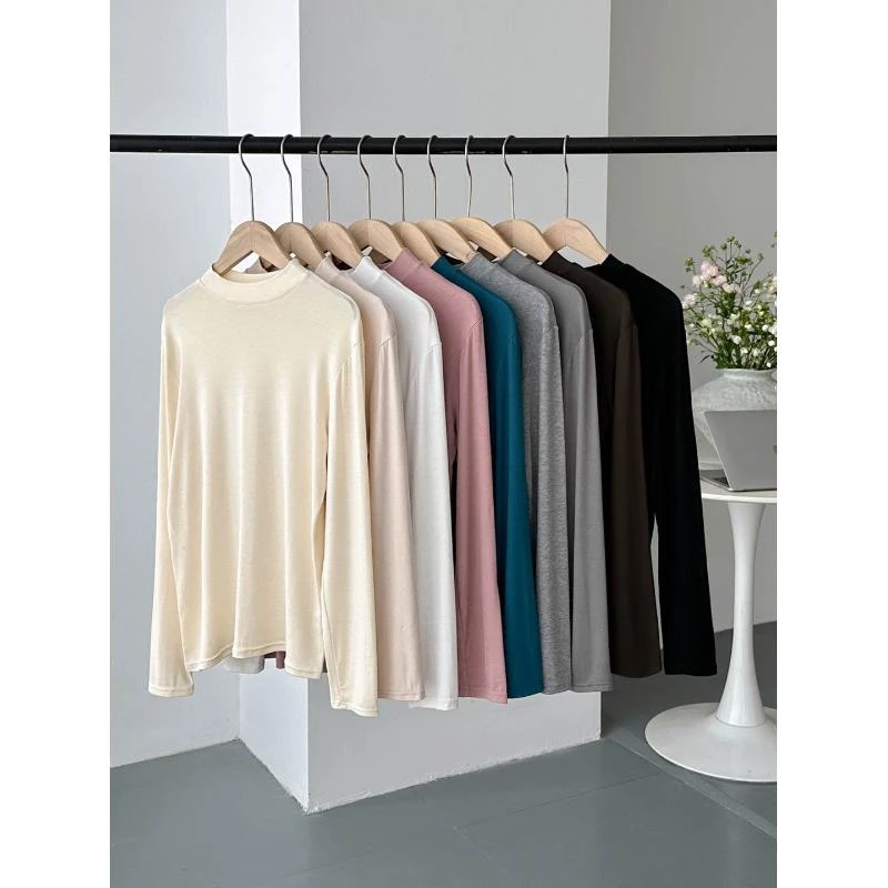 韩系复古简约舒适气质百搭立领长袖打底衫H6637