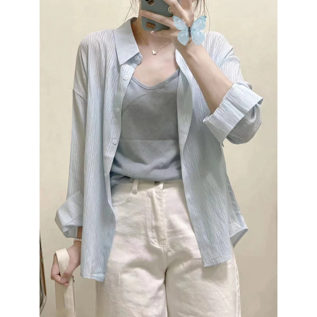 乐妃儿~ 翻领单排扣纯色长袖防晒衫女宽松夏季中长款衬衫上衣女