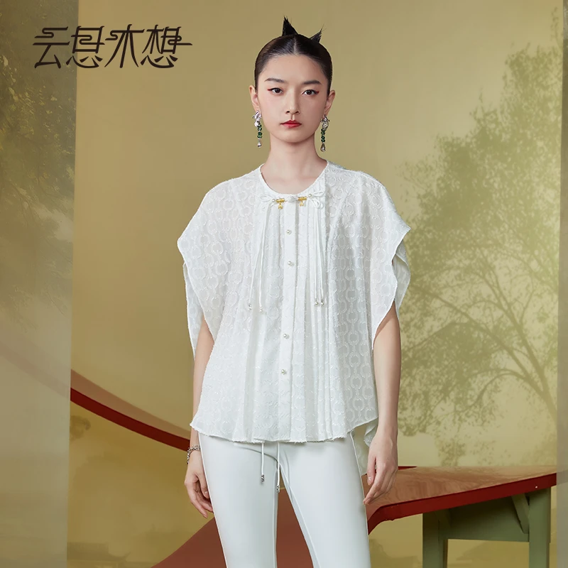 Ysimo-X云思木想新中式2024夏季新款盘扣腰部打揽提花衬衫11778