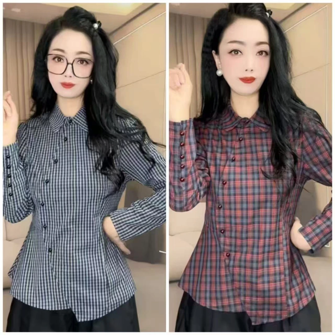 z7277时尚百搭洋气格子设计感不规则气质复古洋气格纹翻领衬衫