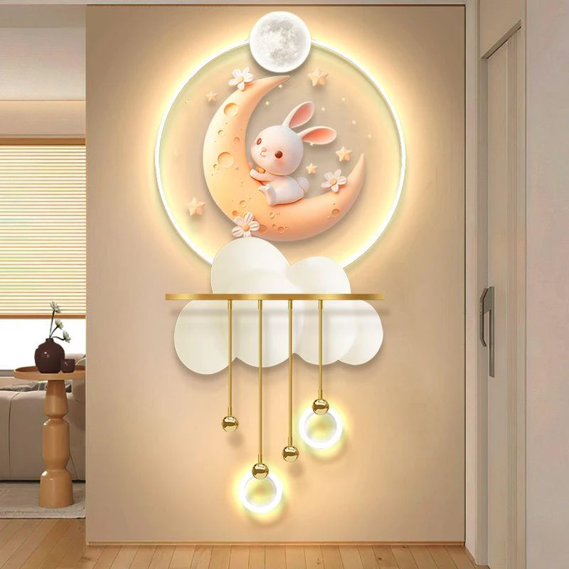 兔子奶油风发光玄关装饰画月亮氛围感led带灯人体感应立体壁画灯