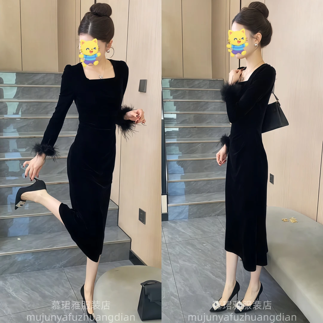 爆款连衣裙女2025秋季新款法式方领羽毛显瘦中长裙