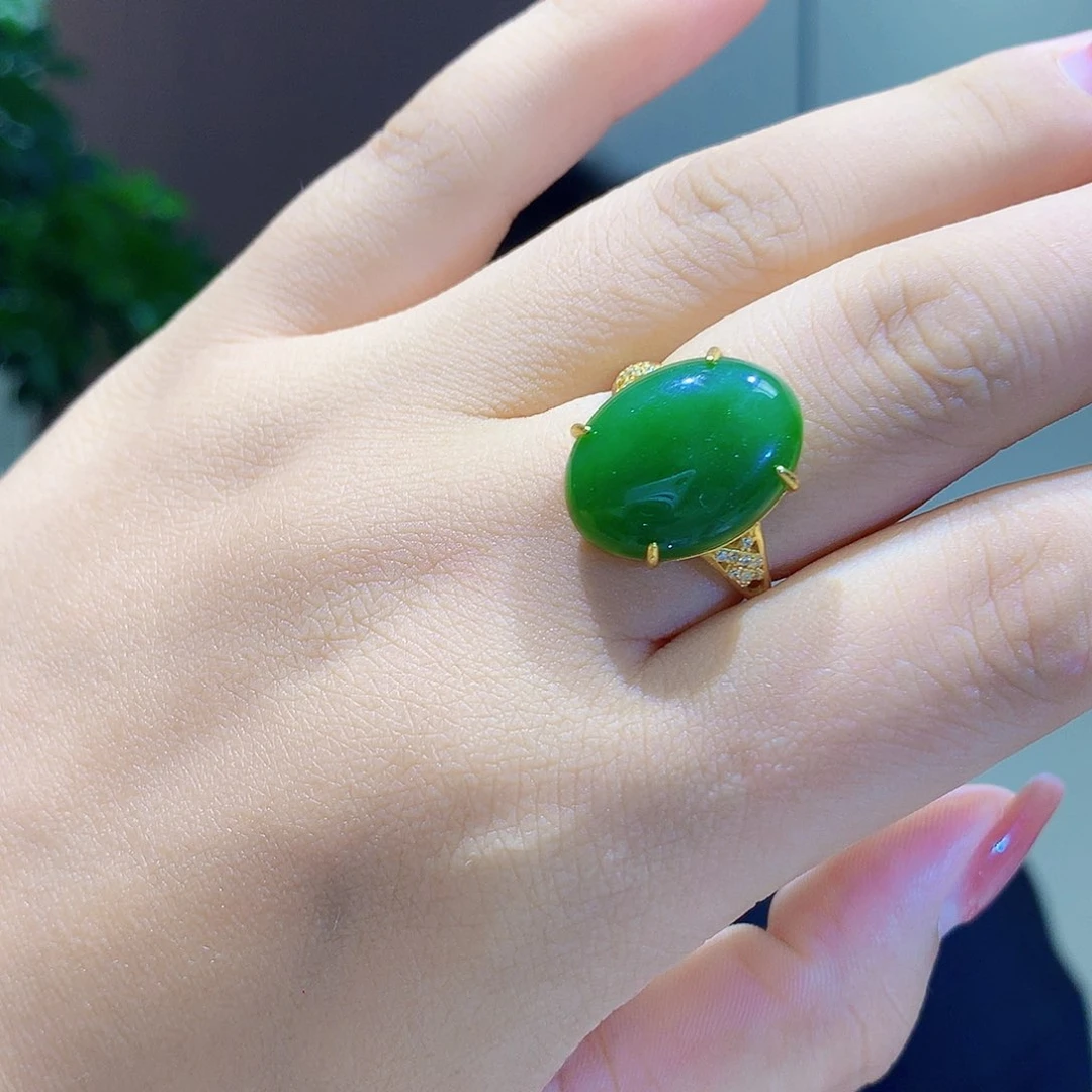 和田玉（碧玉）戒指银S925镀金镶嵌