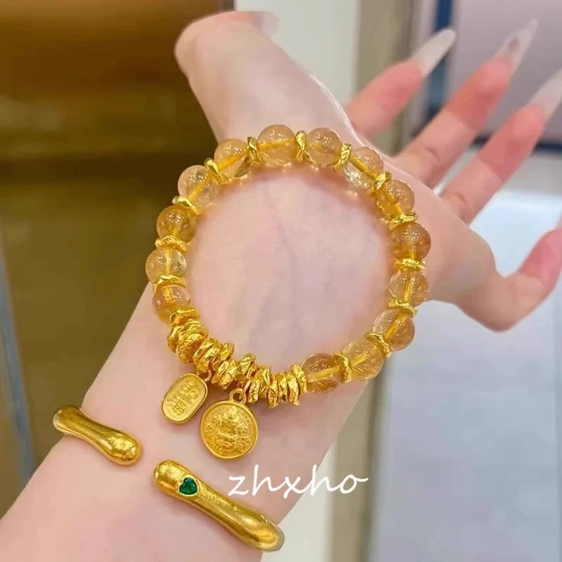 铜合金手链 精致感金色小胖福盘缠手链女新中式仿水晶手串送女友