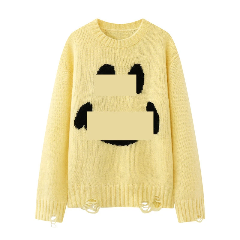 Hooomiee百搭圆领羊毛提花笑脸图案破洞宽松针织毛衣HSZ25030
