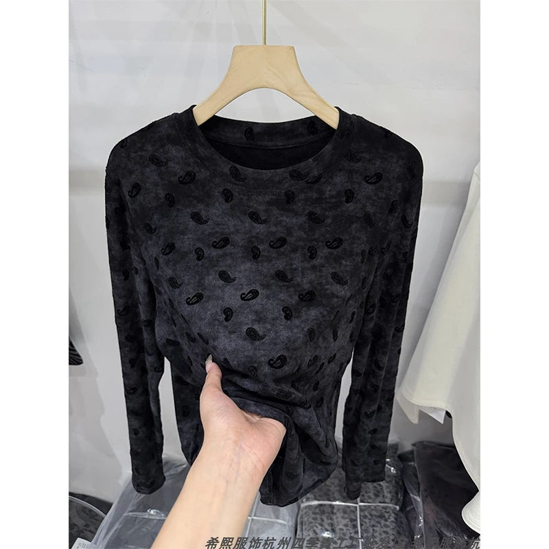 设计感腰果花植绒长袖T恤女25秋冬季新款洋气修身打底衫小众上衣