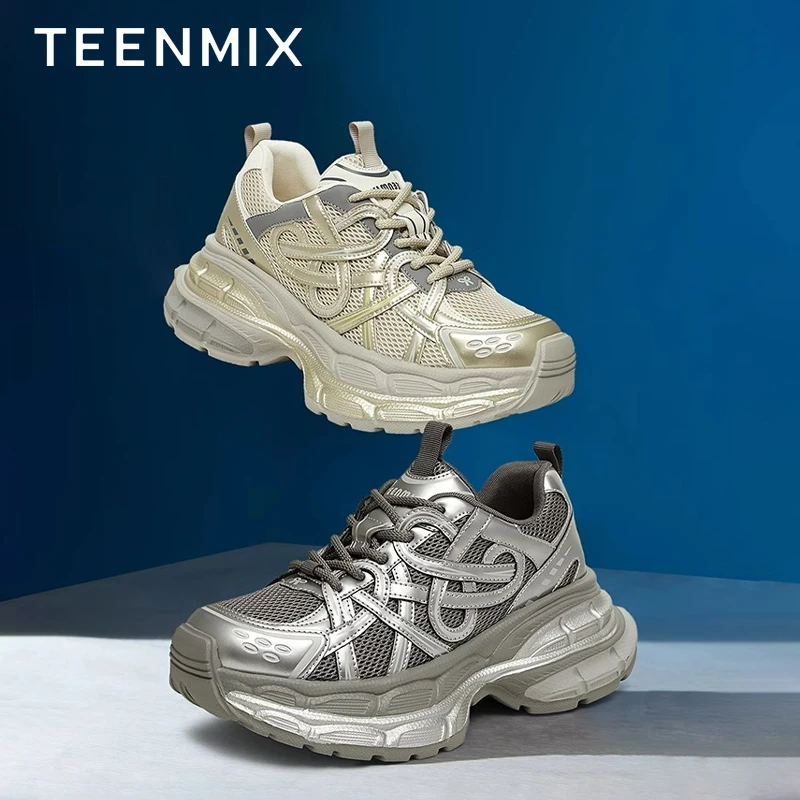 天美意2025春新款欧若动感风厚底增高运动鞋女银色老爹鞋BK781AM5