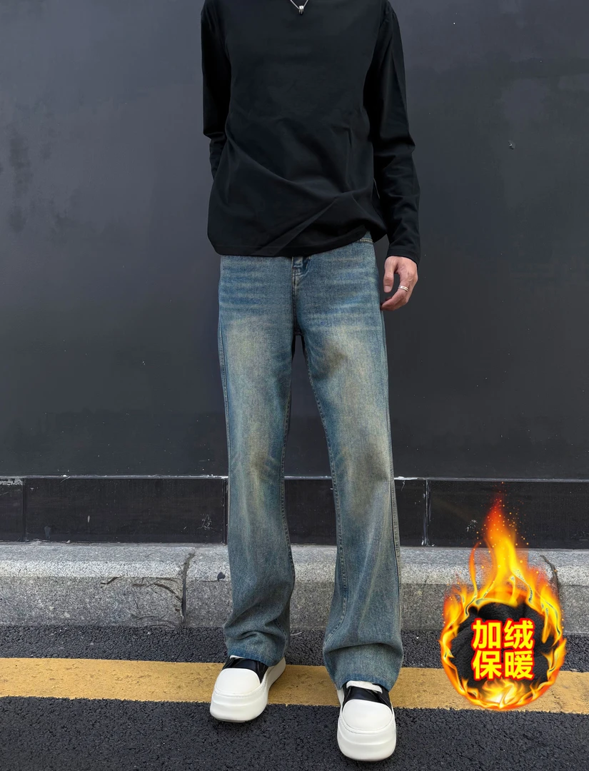 2025加绒美式复古cleanfit牛仔裤男直筒宽松青少年vibe情侣拖地裤