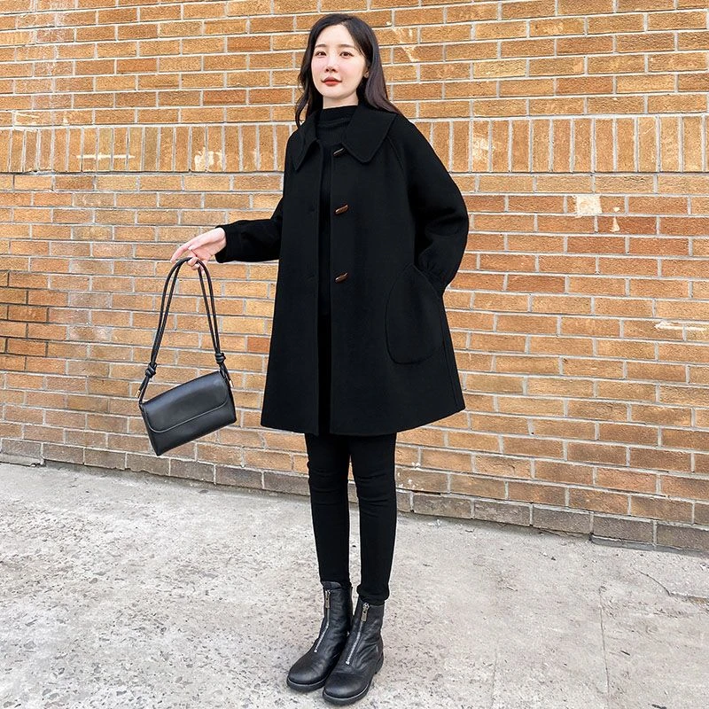 秋冬新款韩版宽松牛角毛呢外套女中呢子大衣长款大衣气质