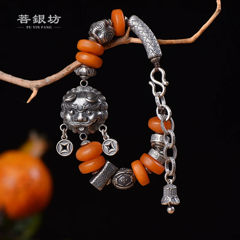 【菩银坊】 蜜蜡 s925银 老蜡吞金兽重工手链 民族风 百搭 气质