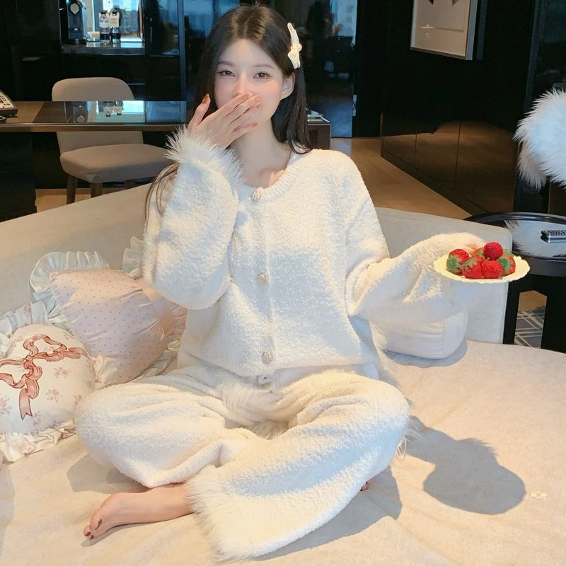 高级感小香风半边绒睡衣女2025秋冬季新款加厚保暖家居服套装外穿