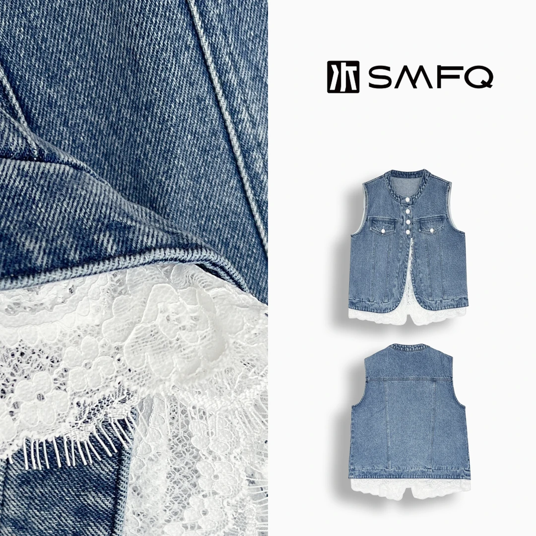 水木夫妻”望春风“100%棉叠穿神器蕾丝拼接牛仔马甲SMGD0182