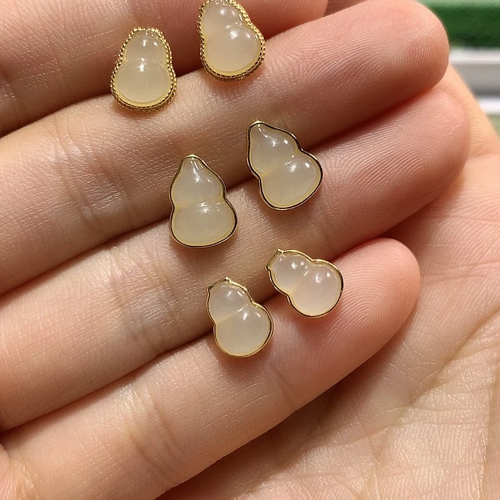 银S925镀金镶嵌和田玉（青白玉）耳饰