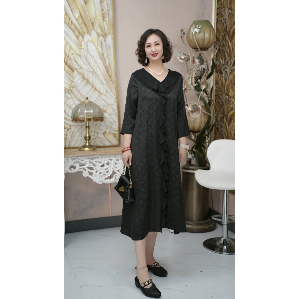 【黑色花】新款春夏黑色气质百搭显瘦高级感设计感加宽大码连衣裙