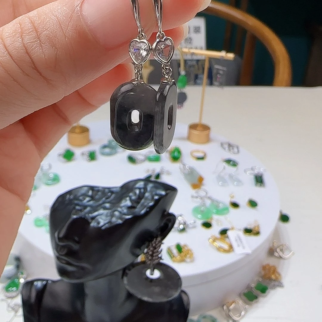 翡翠银S925镶嵌耳饰天然缅甸a货翡翠