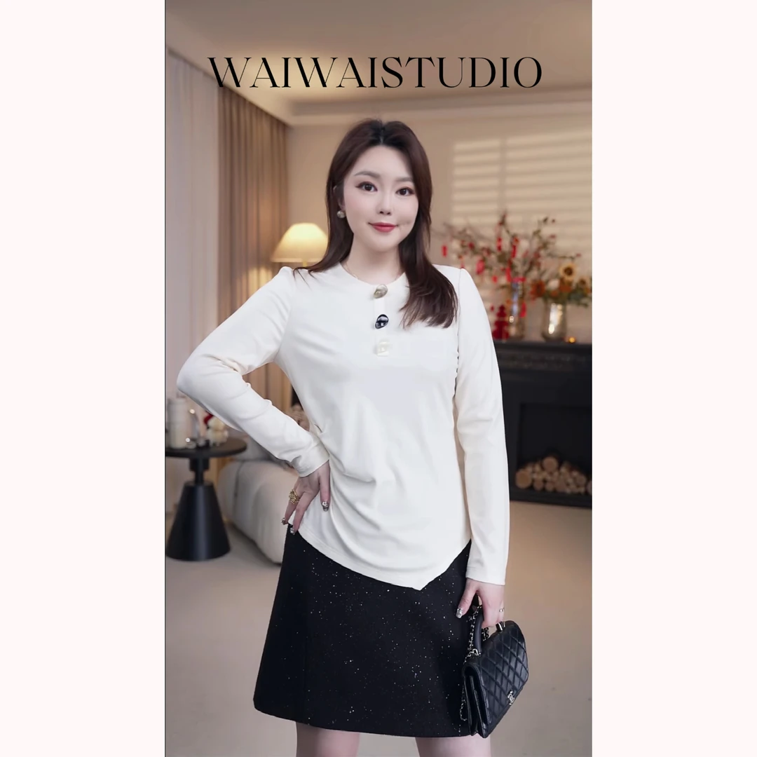 【棉柔衫】显瘦定制异型扣圆领捏褶长袖高弹力打底衫 25S079