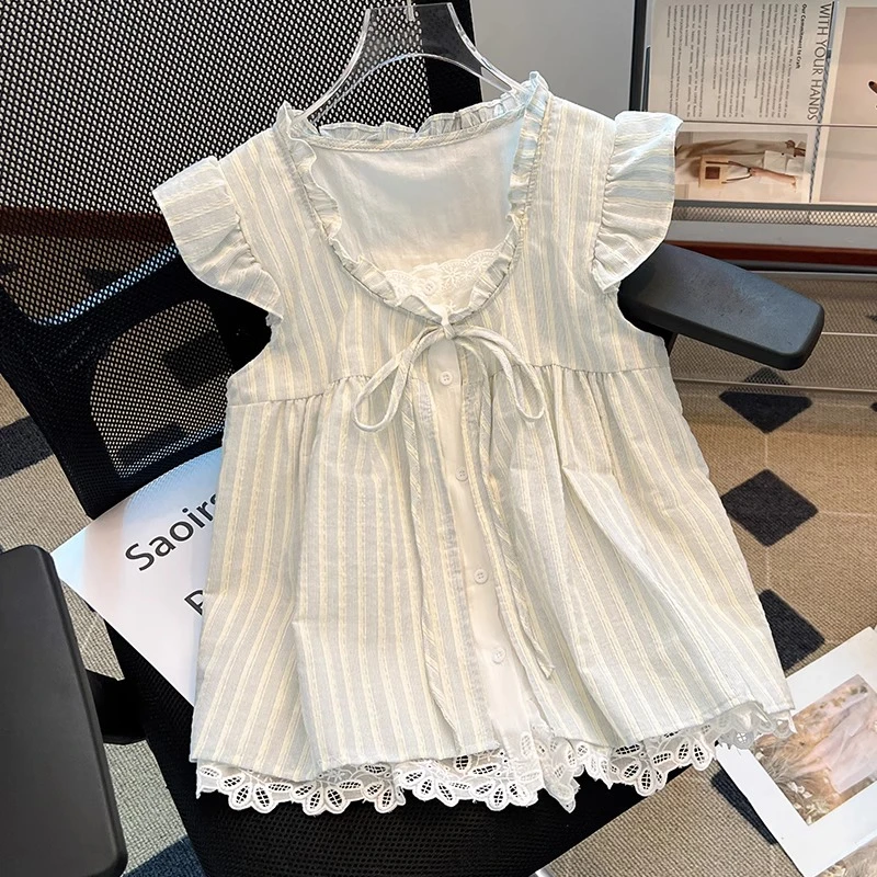 法式蕾丝花边拼接假两件无袖背心衬衫女装夏季条纹小衫小飞袖上衣