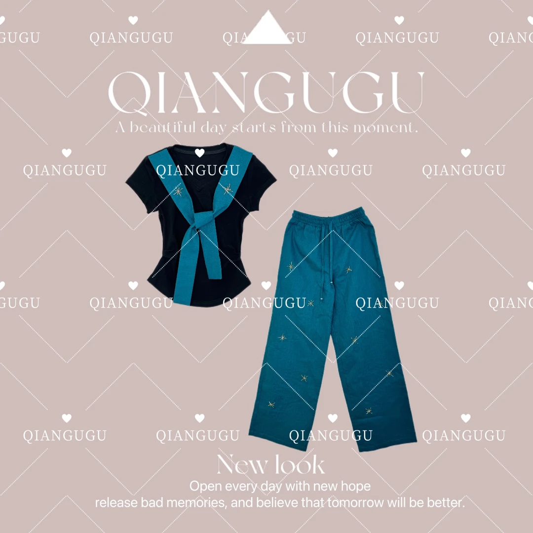 【巴黎蓝调】亚麻休闲阔腿长裤设计师钉珠轻奢气质时尚套装BLLD036