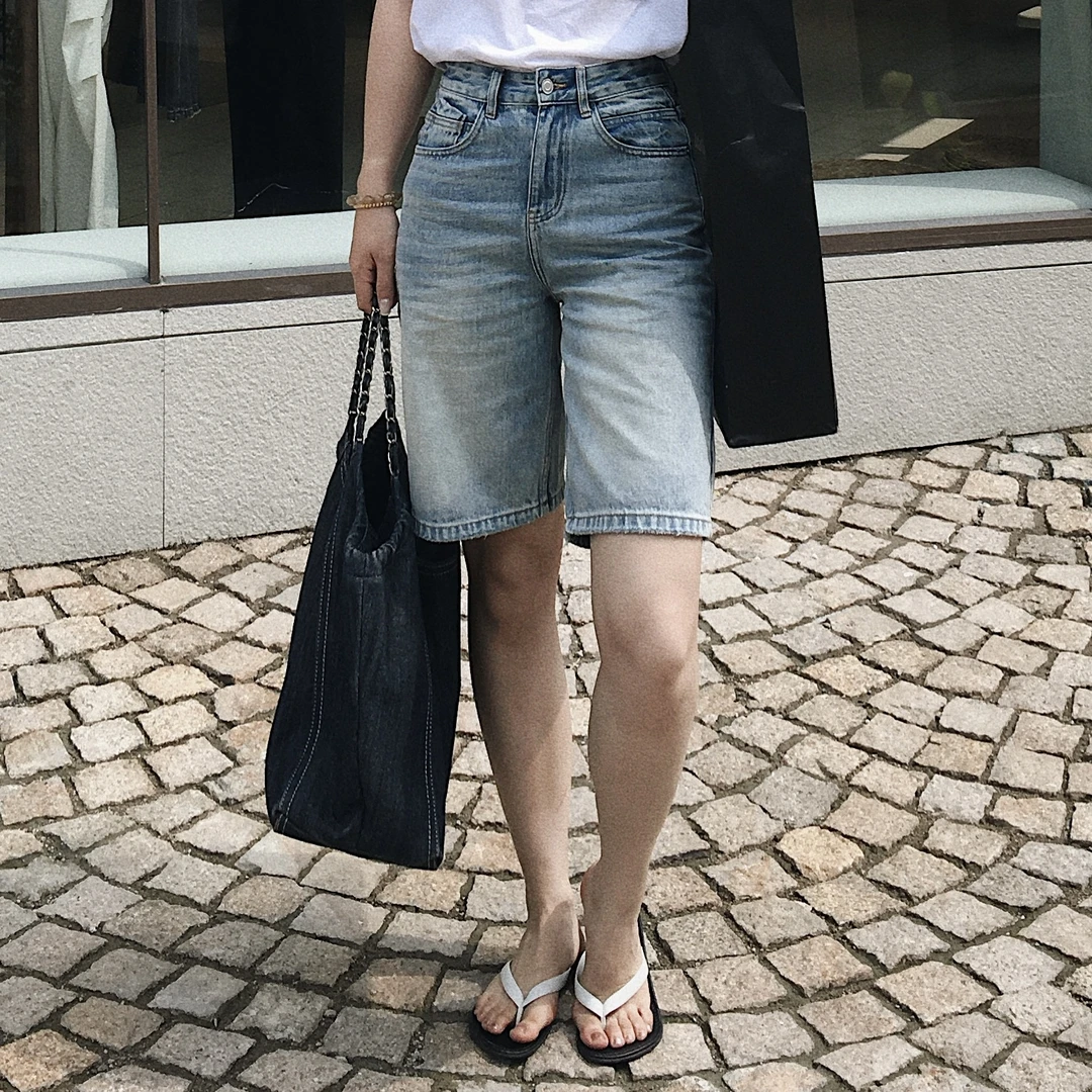 Yihouse【梦蓝】水洗棉小个子高腰A子中裤女款百搭直筒牛仔裤Y8396