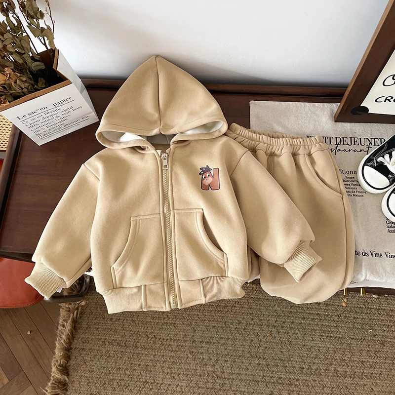 【断码清仓】QT245682秋冬儿童套装连帽卫衣加绒加厚保暖两件套