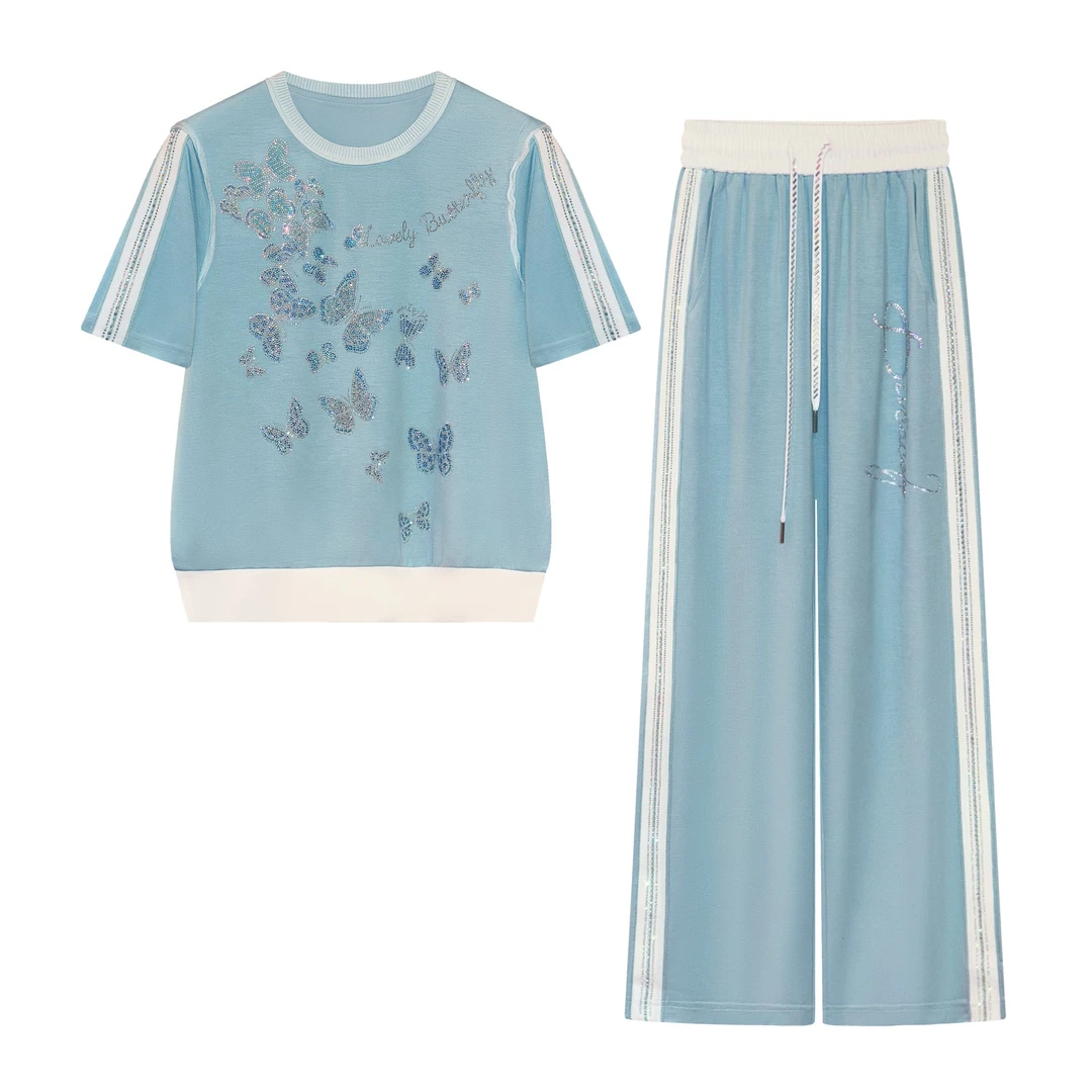 2025夏季新款冰湖蓝蝴蝶烫钻休闲显瘦百搭短袖套装#2657/2658