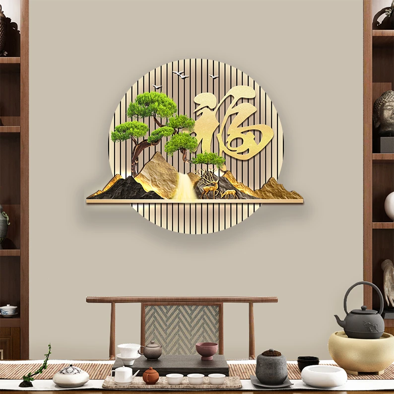 DK013流水生财迎客松装饰画走廊过道挂画激光雕刻高端办公室挂画