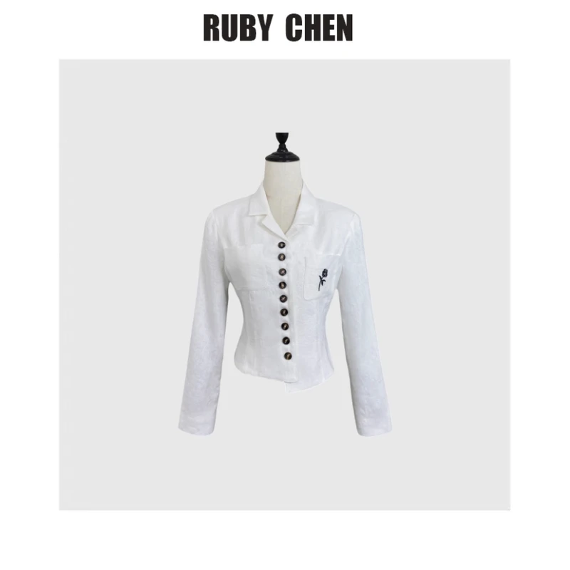 【朱炎炎】设计感白色刺绣多粒扣收腰短外套女