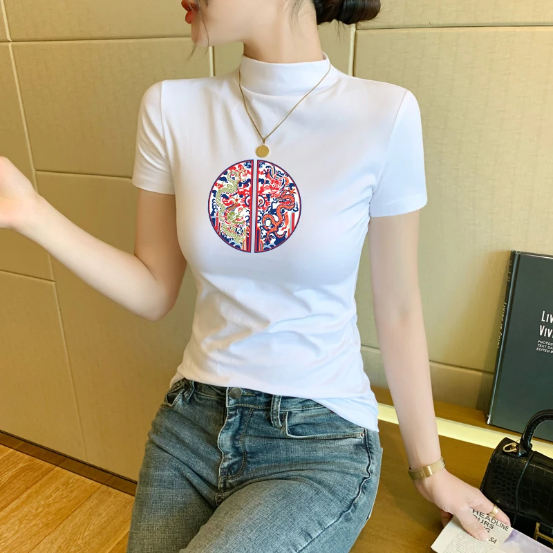 半高领白色短袖t恤女装高级感修身体恤上衣春夏季薄款百搭打底衫