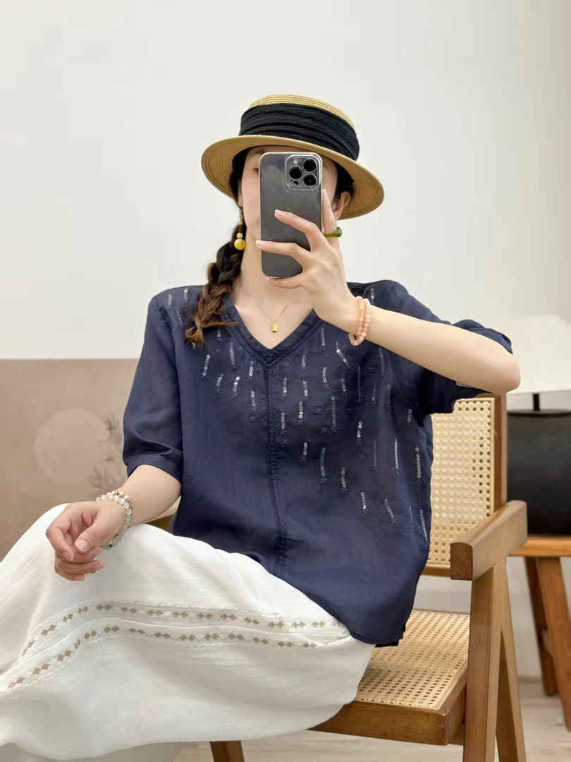 女式2025夏季V领显瘦休闲气质洋气夏季亮片刺绣提花套头上衣小衫