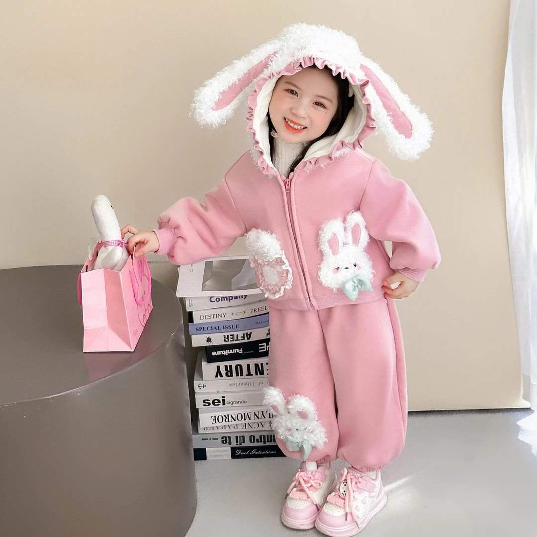 女童冬装甜美兔耳朵加厚套装2025新款儿童洋气女宝宝休闲两件套潮