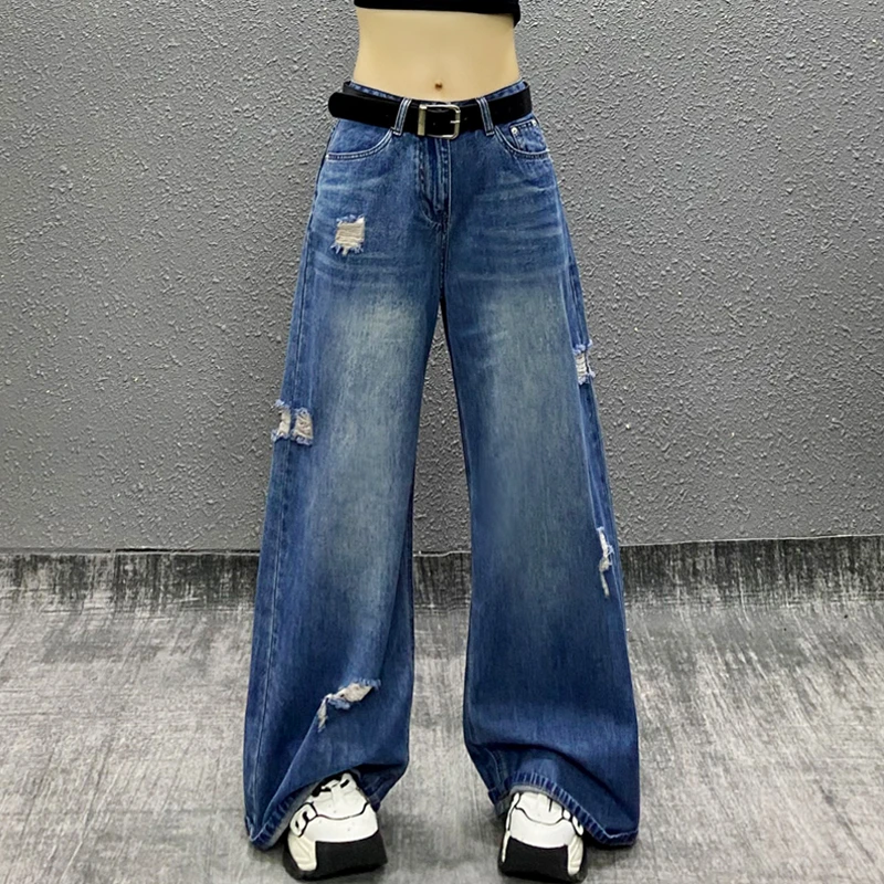 个性破洞水洗蓝色牛仔裤女秋新款高腰宽松显瘦百搭直筒阔腿拖地裤