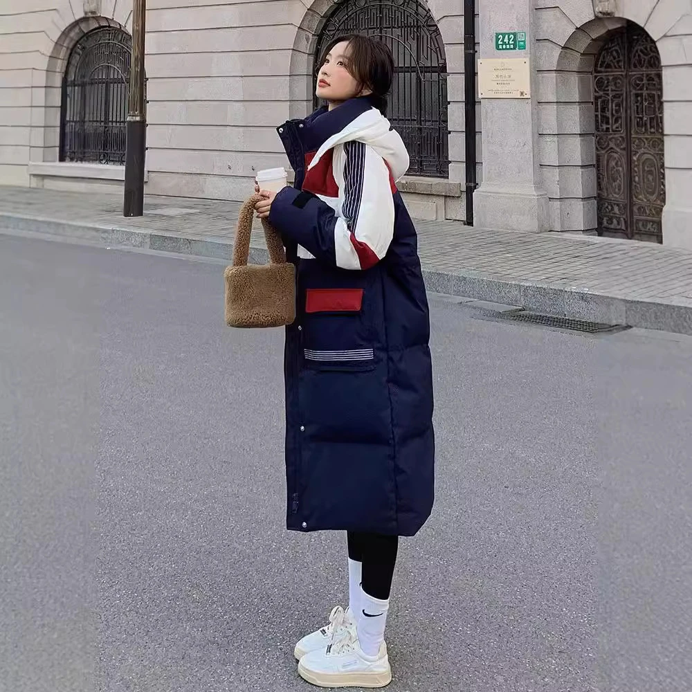 【爆款】工装撞色拼接长款白鸭绒羽绒服女装2025冬季流行爆款加厚保