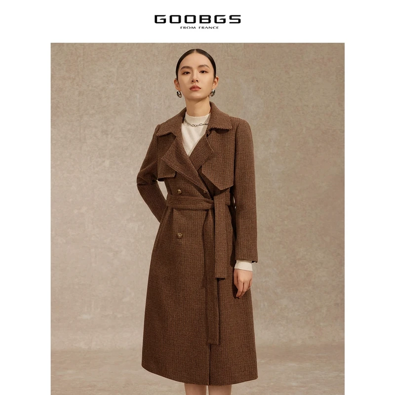 谷邦GOOBGS 格纹翻领双排扣长款呢大衣外套 G2381618