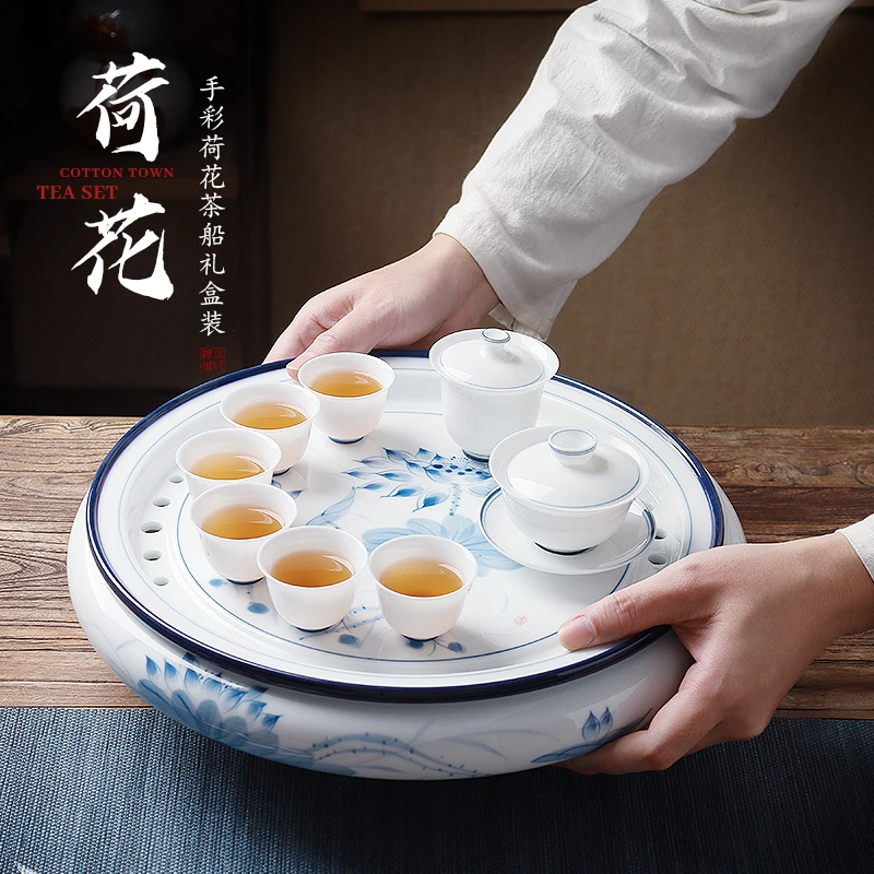 棉小城羊脂玉瓷茶盘客厅办公室便携圆形手彩轻奢茶具伴手礼礼盒装