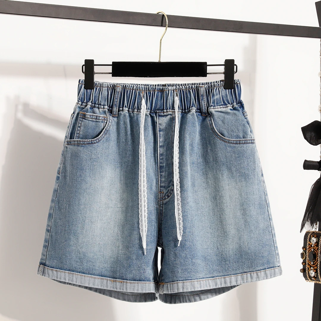 La Chapelle/拉夏贝尔夏大码松紧腰四分短裤胖MM阔腿薄款牛仔短裤