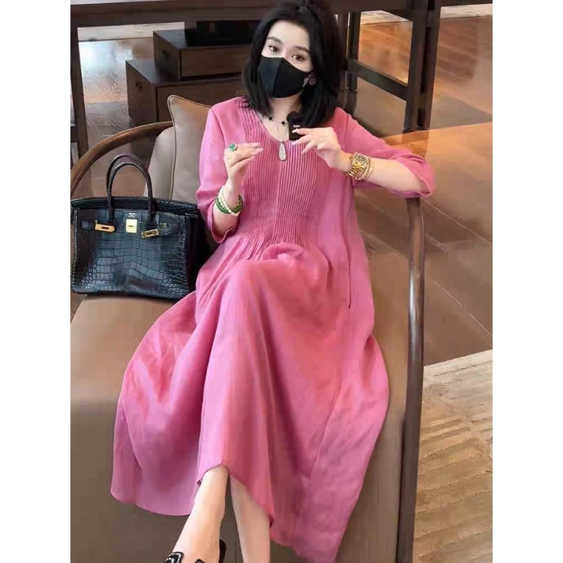 高级感轻奢玫红色苎麻连衣裙女士夏季大码宽松遮肚子显瘦亚麻长裙