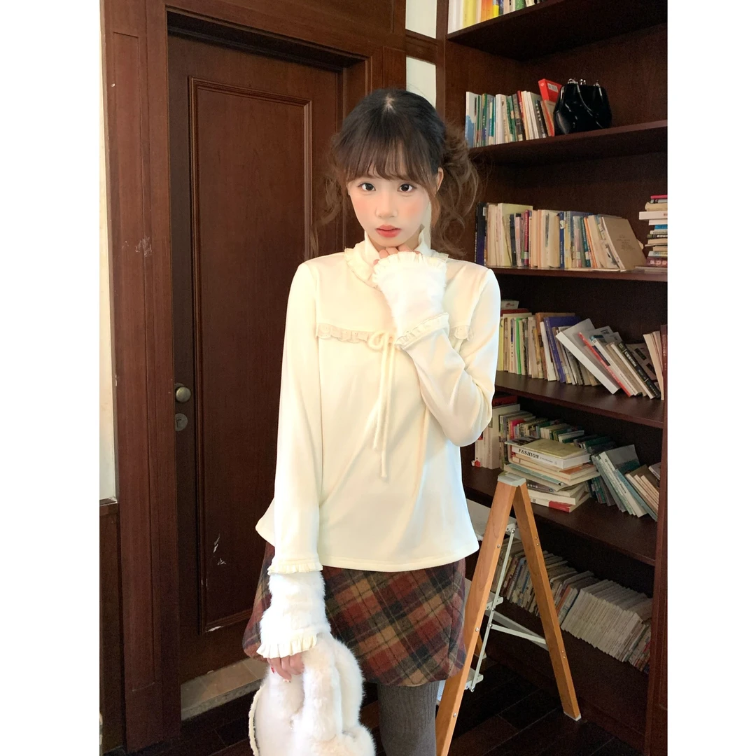 sinsingirl 奶油小挞 蝴蝶结花边打底衫女设计感内搭T恤上衣