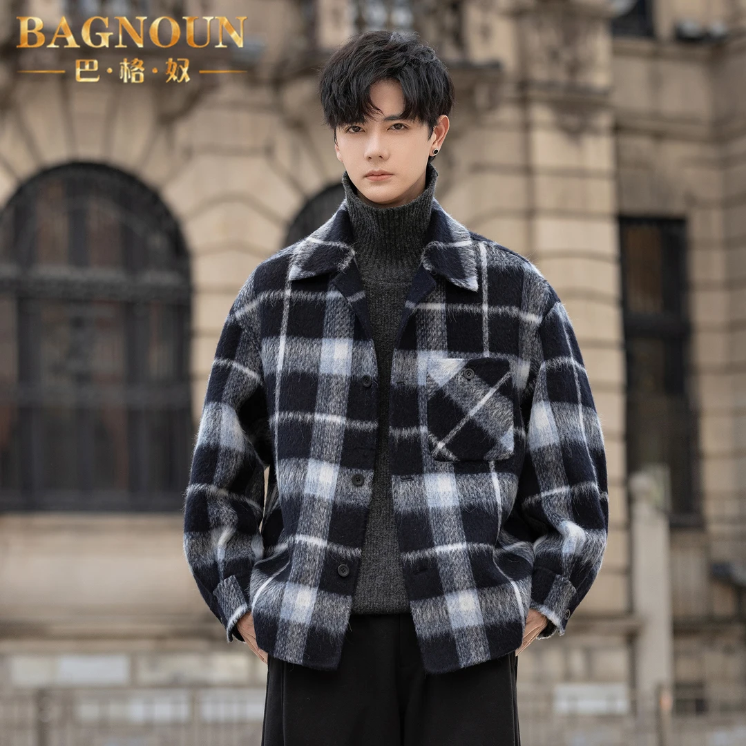 巴格奴夹克男士秋冬季新款时尚高端格子双面呢羊毛羊驼毛呢潮外套