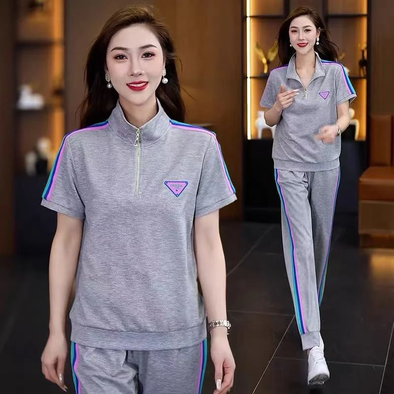 年轻运动套装女2025新款爆款夏季薄款冰丝短袖长裤休闲两件套8908