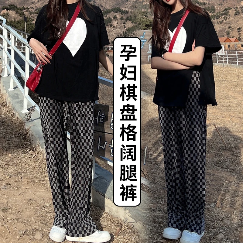 孕妇冰丝阔腿裤子女夏季外穿黑白棋盘格宽松休闲直筒打底孕妇夏装